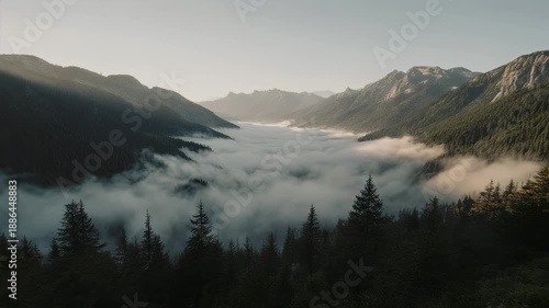 Panoramic view of a misty valley between towering, forested mountains
