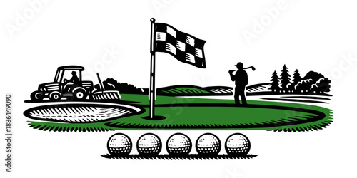 Woodcut style golf scene set featuring a golfer, flag, golf balls, and a maintenance vehicle for sports and leisure