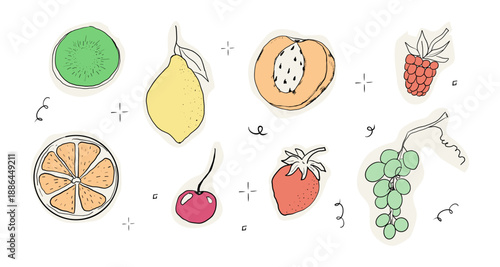 Fruit doodle minimal sketch hand drawn set tropical and garden fruits and berries. Decorative vector elements for poster, placard, greeting card, menu or wedding invitation