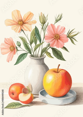 062-44-Still life composition featuring watercolor flowers in a vase with fresh red apples
