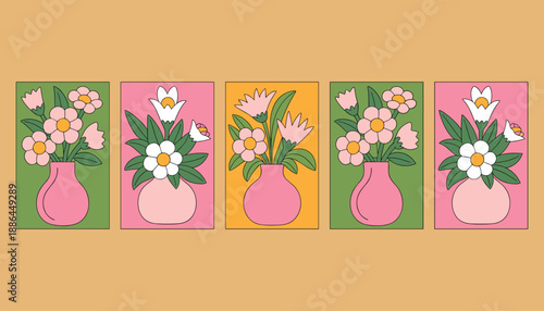 Five pink vases with flowers on colored backgrounds green background pink background yellow background