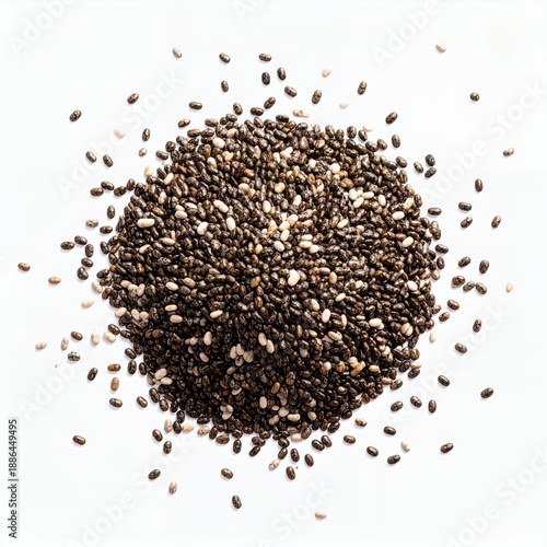 Isolated mound of chia seeds displayed on a clean and seamless white background