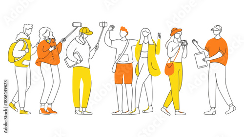 A group of people standing together in a line taking photos