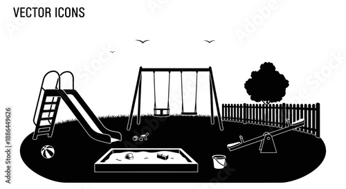 Childrens playground equipment with swings and slide.