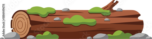 A simple vector illustration of a fallen wooden log covered in vibrant green moss and surrounded by smooth grey stones, a natural forest floor element