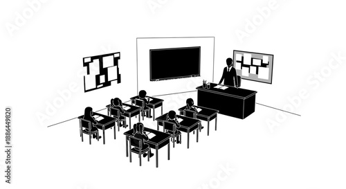 Teacher instructing students in a classroom setting with desks and whiteboard.