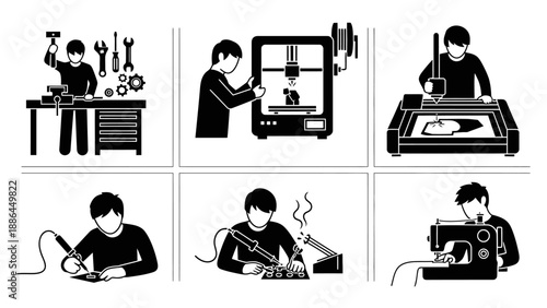 Man working with tools and technology in workshop setting.