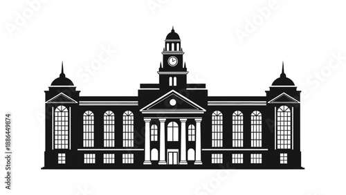 Classic Building Silhouette with Clock Tower and Columns.