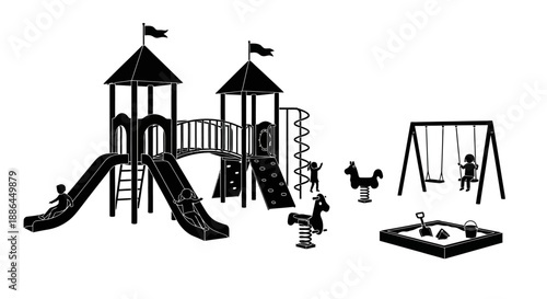 Childrens playground equipment with slides and swings.