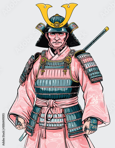 062-50-Japanese samurai warrior standing, wearing traditional armor and holding a katana