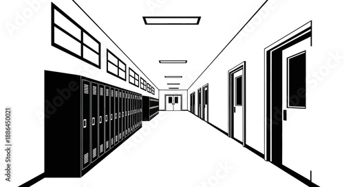 Empty School Hallway with Lockers and Doors Illustration.