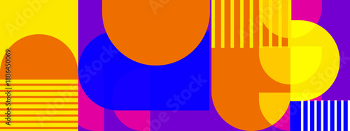Contemporary abstract art with purple and orange arches combined with yellow square blocks and stripes