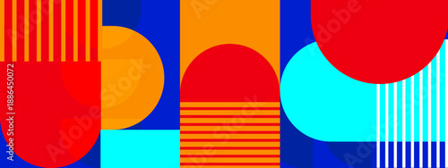 Vibrant abstract design featuring bold red and blue geometric shapes with striped patterns and curves
