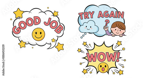 Cartoon speech bubbles with encouragement and feedback