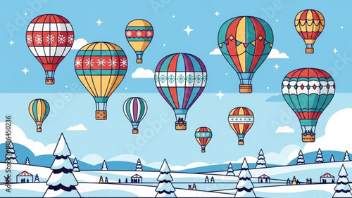 Collection of colorful hot air balloons floating over a snowy winter landscape festive illustration for holiday travel and adventure concepts