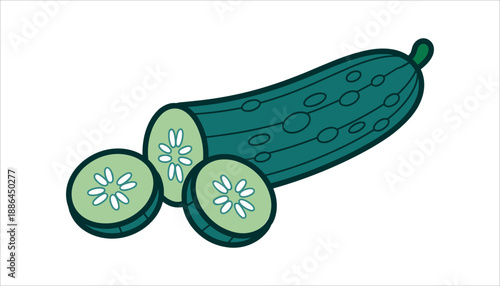 Green cucumber with two slices cut vegetable sliced solid in white background