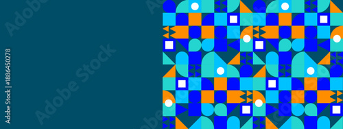 Geometric mosaic pattern on the right side with a solid teal blue background for content