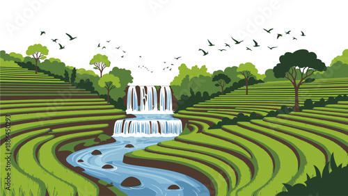 Illustration of a serene landscape with a fountain in a terraced rice field surrounded by trees and flying birds under a white sky.