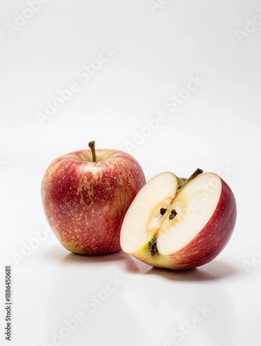 A whole apple and a halved one sit, red-streaked, against a white backdrop