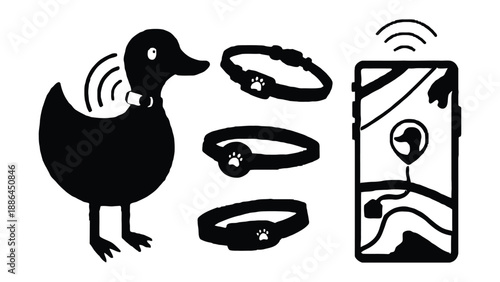 A cartoon duck wearing a tracking collar with a smartphone displaying a map