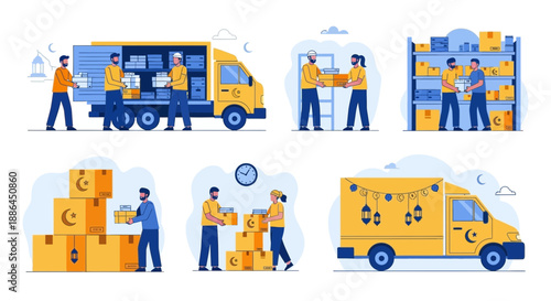 Logistics and transportation workers efficiently loading and unloading packages from trucks and vans in a warehouse setting viewed from above