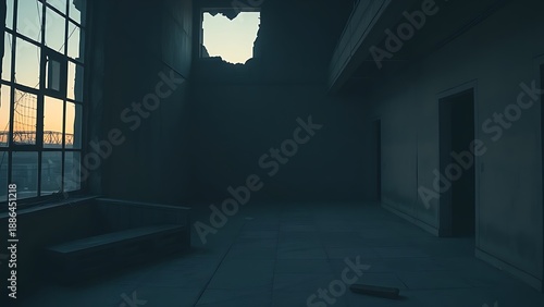 oligarchy. Urban ruin at dusk with soft light through a broken window onto a dusty floor. real-estate listings.