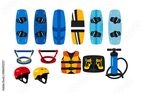 Wakeboarding and kitesurfing equipment flat design collection