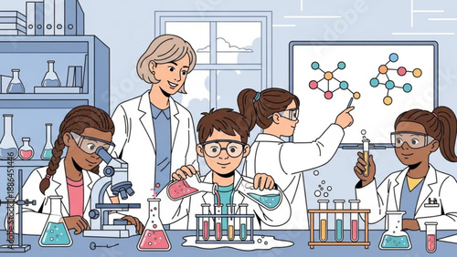 Diverse children and teacher in science lab conducting experiments learning chemistry with microscopes and test tubes flat illustration