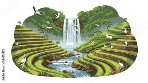Serene landscape of lush green rice terraces with a waterfall and stream, surrounded by trees and flying white birds in a natural setting.