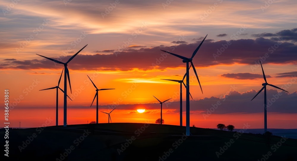 Obraz premium Silhouettes of wind turbines on hill at sunset with dramatic orange and purple sky for sustainable energy production