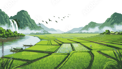 Serene landscape of a lush green rice field with a river, waterfall, and misty mountains in the background, with birds flying overhead.