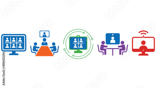 A colorful illustration of people collaborating remotely through video conferencing technology