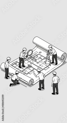 Engineers and architects working together on a large blueprint.