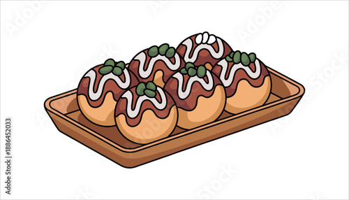 Takoyaki balls on a brown plate japanese street food octopus dumplings white background