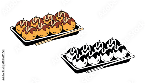 Takoyaki on two plates with chopsticks food japanese cuisine snack solid in white background