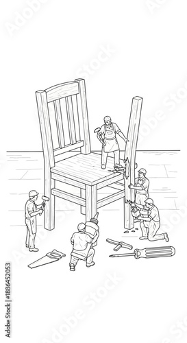 Carpenters assembling a wooden chair together.