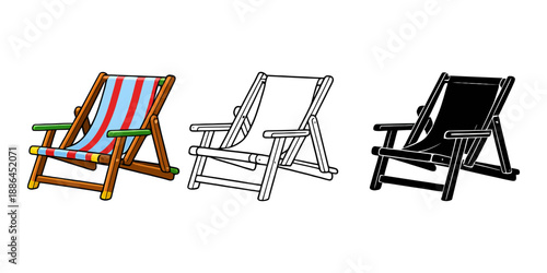 Hand drawn cartoon deck chair set featuring colored, line art, and silhouette versions for summer vacation