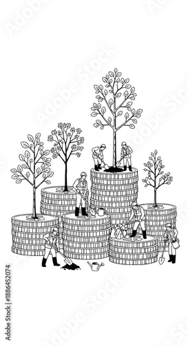 Group of trees in pots with people tending to them.