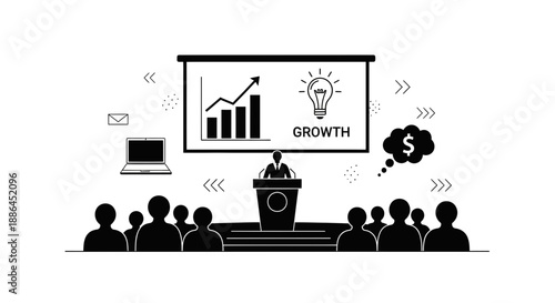 illustration depicting a business presentation or training session. Key elements of the scene include