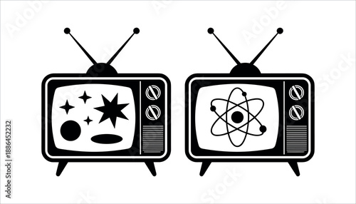 Two old black and white television sets with starry night sky and atomic structure on screens old tv solid in white background