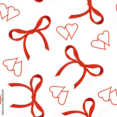 Vector seamless pattern with red bows and heart silhouettes. Color image for Valentine's Day and various holidays.
