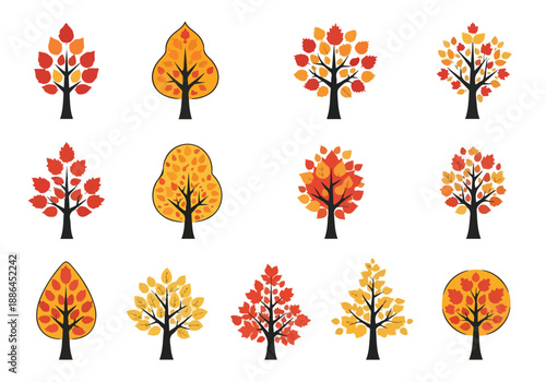 A vibrant collection of stylized autumn trees with colorful foliage, featuring various shapes in shades of red, orange, and yellow