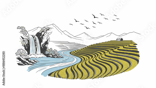 Illustration of a serene landscape with a waterfall, river, and striped field against a mountainous backdrop with flying birds.