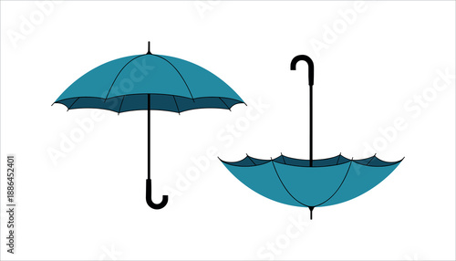 Two teal umbrellas with black handles on white background 