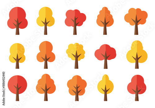 A vibrant collection of stylized autumn trees in a flat design, showcasing a variety of shapes and warm fall colors like red, orange, and yellow