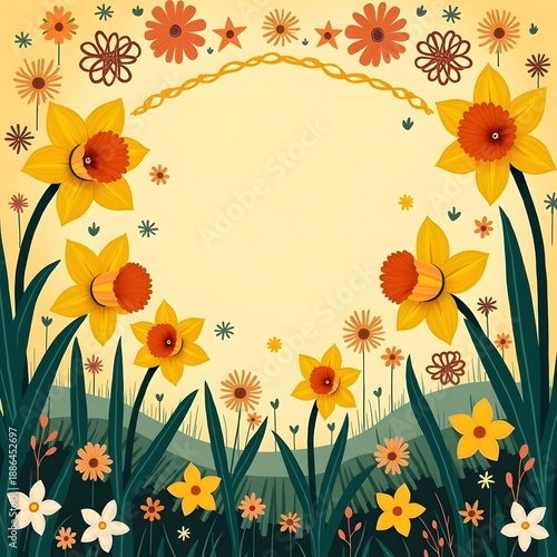 Surreal Folk Art Inspired St David’s Day Background. Perfect for greeting cards, posters, packaging, prints and festive decorations.