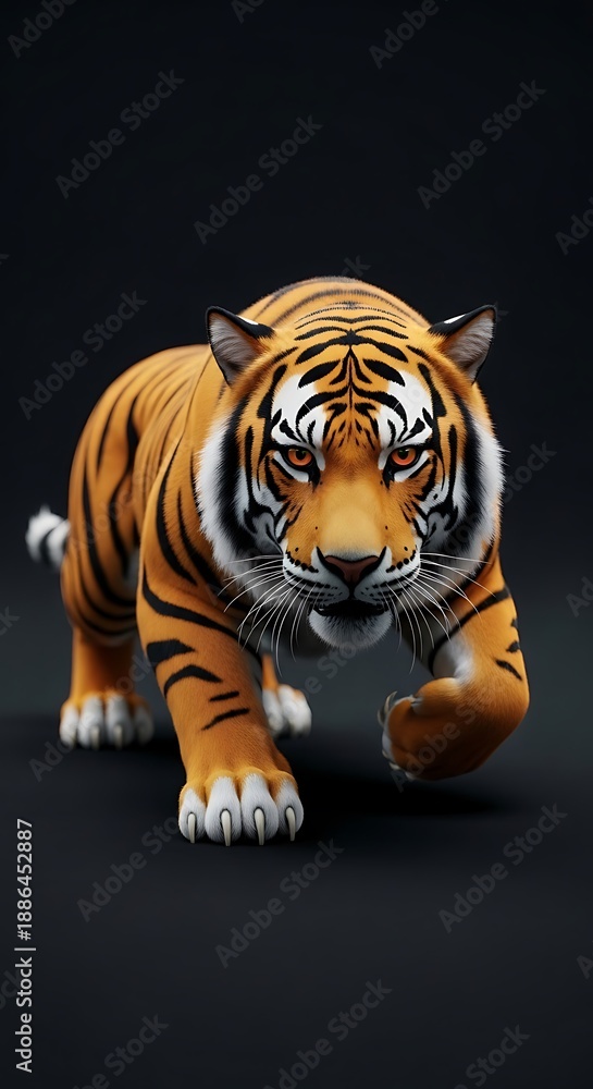 Obraz premium Majestic tiger walking towards the camera on a dark background.