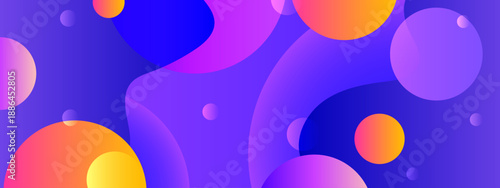 Abstract composition with deep purple and blue liquid shapes mixed with vibrant orange floating circles