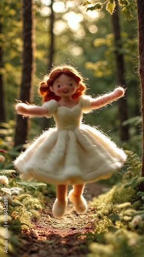 Enchanting Little Girl Dancing Joyfully in a Magical Forest Setting with Sunlight.