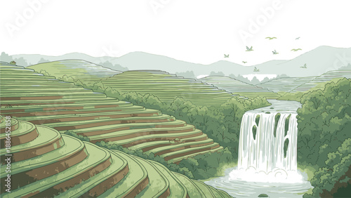 Serene landscape of terraced rice fields and a waterfall cascading into a pool, surrounded by lush greenery and distant mountains under a hazy sky.